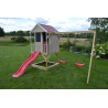 Casuta de gradina Summer Adventure House cu platforma cu loc pentru nisip, tobogan si leagan dublu (M29R), Wendi Toys