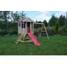 Casuta de gradina Summer Adventure House cu platforma cu loc pentru nisip, tobogan si leagan dublu (M29R), Wendi Toys