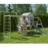 Casuta de gradina Grey Lodge cu tobogan, leagan dublu, modul sport si bucatarie (M28G_GK), Wendi Toys