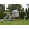 Casuta de gradina Grey Lodge cu tobogan, leagan dublu, modul sport si bucatarie (M28G_GK), Wendi Toys