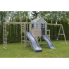 Casuta de gradina Grey Lodge cu tobogan, leagan dublu, modul sport si bucatarie (M28G_GK), Wendi Toys
