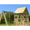 Turn de joaca cu 2 platforme, panou de catarare, tobogan, leagan, masuta de picnic cu bancute si lada de nisip
