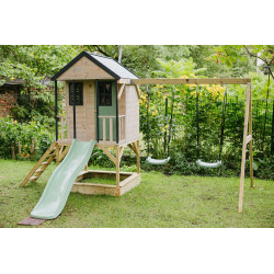 Casuta de gradina Pastel Green Adventure Cottage cu platforma, tobogan si leagan dublu (M60PGN), Wendi Toys