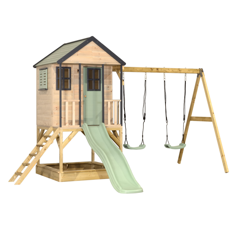 Casuta de gradina Pastel Green Adventure Cottage cu platforma, tobogan si leagan dublu (M60), Wendi Toys