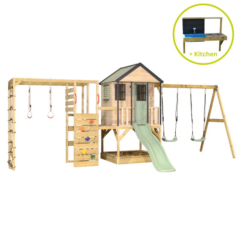 Casuta de gradina Pastel Green Adventure Cottage cu tobogan, leagan dublu, modul sport si bucatarie (M60PGN_GK), Wendi Toys