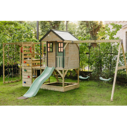 Casuta de gradina Pastel Green Adventure Cottage cu tobogan, leagan dublu, modul sport si bucatarie (M60PGN_GK), Wendi Toys