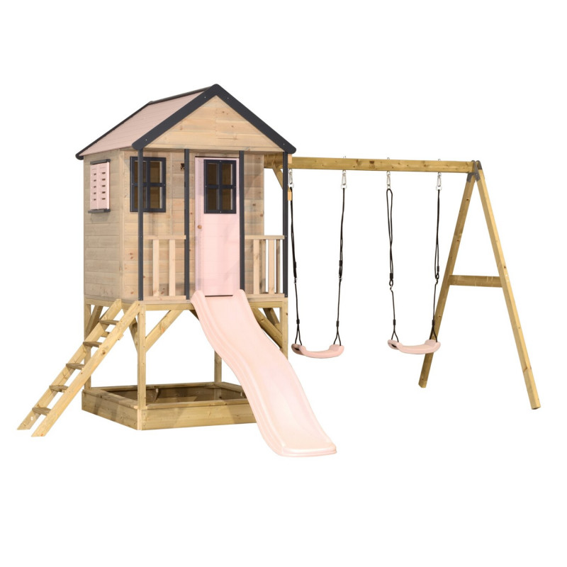 Casuta de gradina Pastel Pink Adventure Cottage cu platforma, tobogan si leagan dublu (M60PP), Wendi Toys