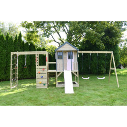 Casuta de gradina Pastel Pink Adventure Cottage cu platforma, tobogan, leagan dublu si modul sport (M60PP_G), Wendi Toys