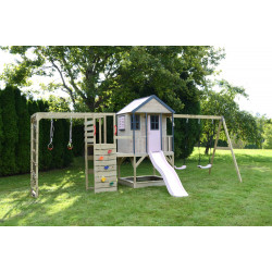 Casuta de gradina Pastel Pink Adventure Cottage cu platforma, tobogan, leagan dublu si modul sport (M60PP_G), Wendi Toys